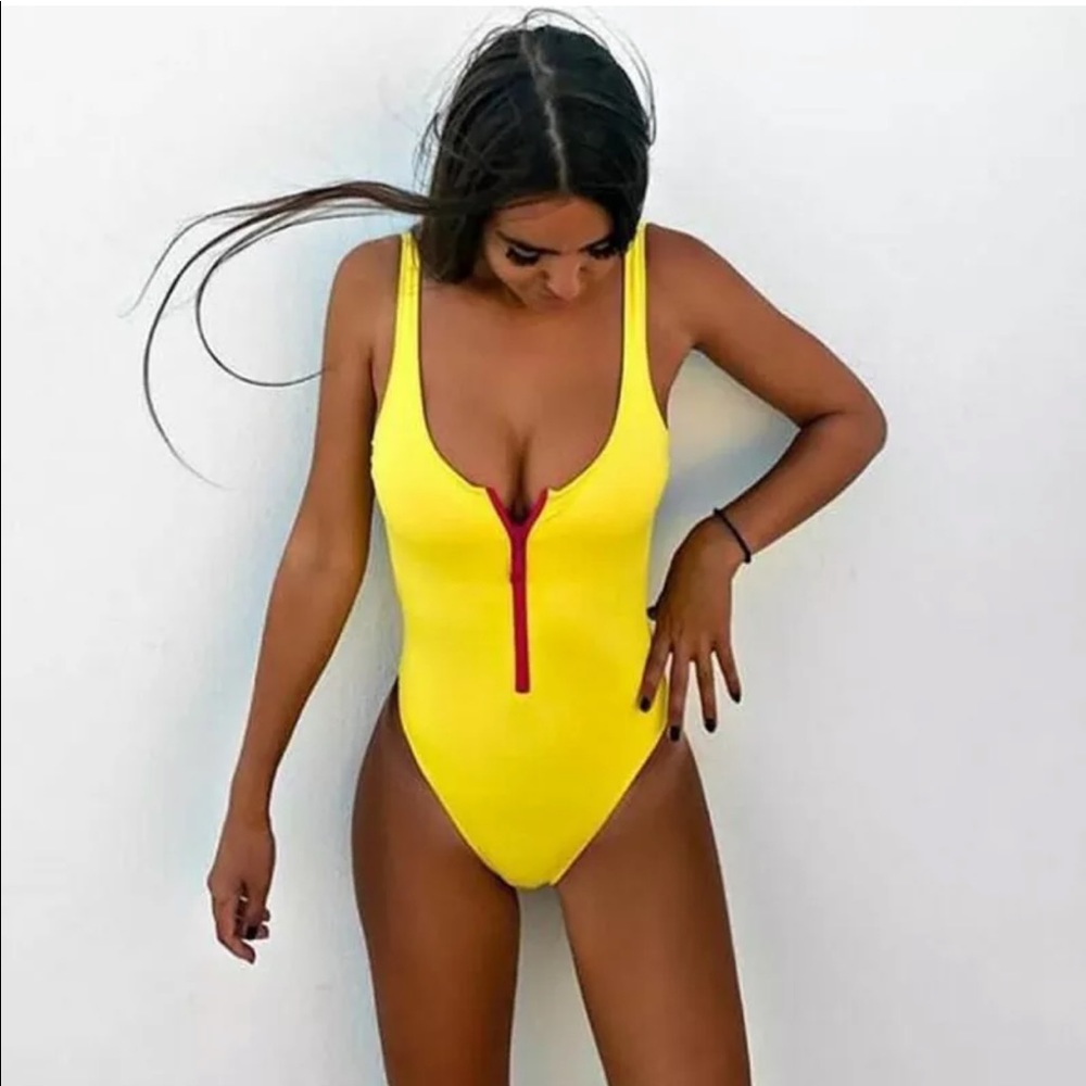 NWOT Yellow One Piece bathing suit with Red Zipper